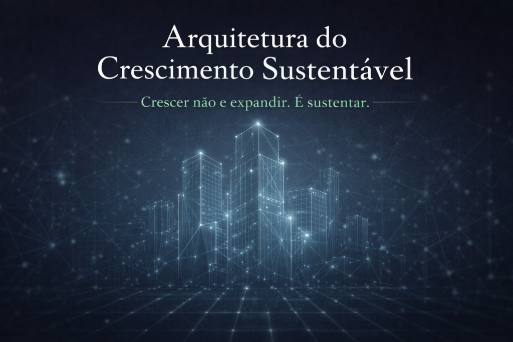 Arquitetura do crescimento sustentável representada por estrutura digital e urbana com conexões sistêmicas