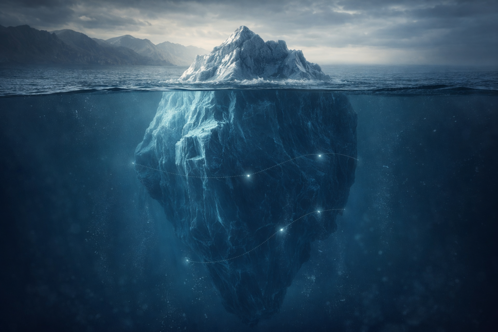 Iceberg representando riscos invisíveis e custos ocultos nas decisões organizacionais e comerciais