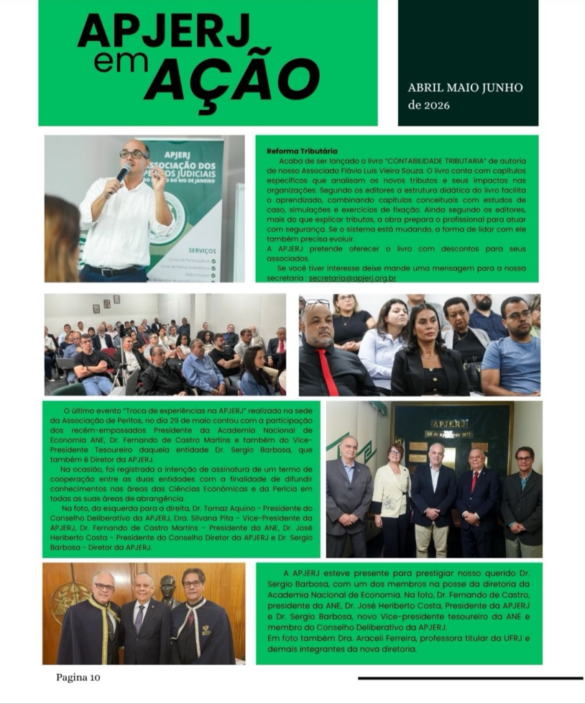 Página da Revista APJERJ destacando a participação da Academia Nacional de Economia durante visita institucional realizada à associação em 2026.