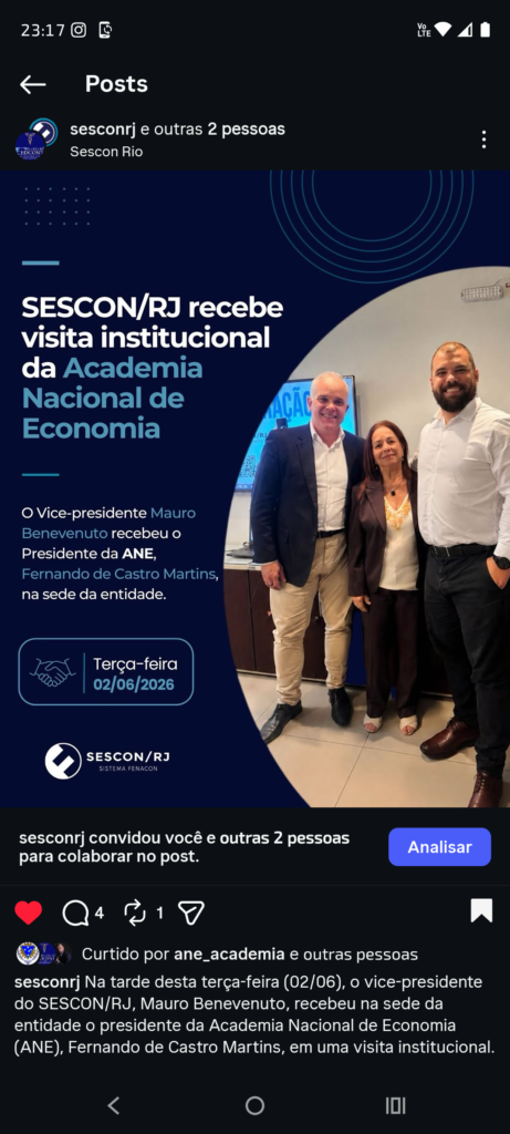 Publicação oficial no Instragram do SESCON RJ registrando a visita institucional da Academia Nacional de Economia