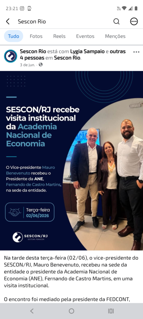 Publicação oficial do SESCON RJ sobre a visita institucional da Academia Nacional de Economia
