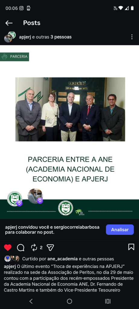 Publicação do Instagram da APJERJ registrando a visita institucional da Academia Nacional de Economia e a parceria entre as entidades.