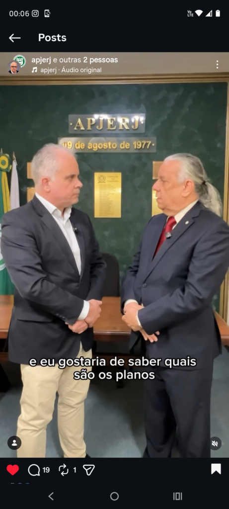 Publicação do instagram da APJERJ divulgando a entrevista institucional entre o Presidente da APJERJ, Dr. José Heriberto Costa e o Presidente da Academia Nacional de Economia Dr. Fernando de Castro Martins